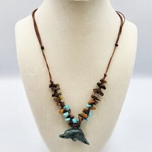 Beaded Hand-carved Stone Dolphin Necklace Tropical Artisanal Beach Multicolored